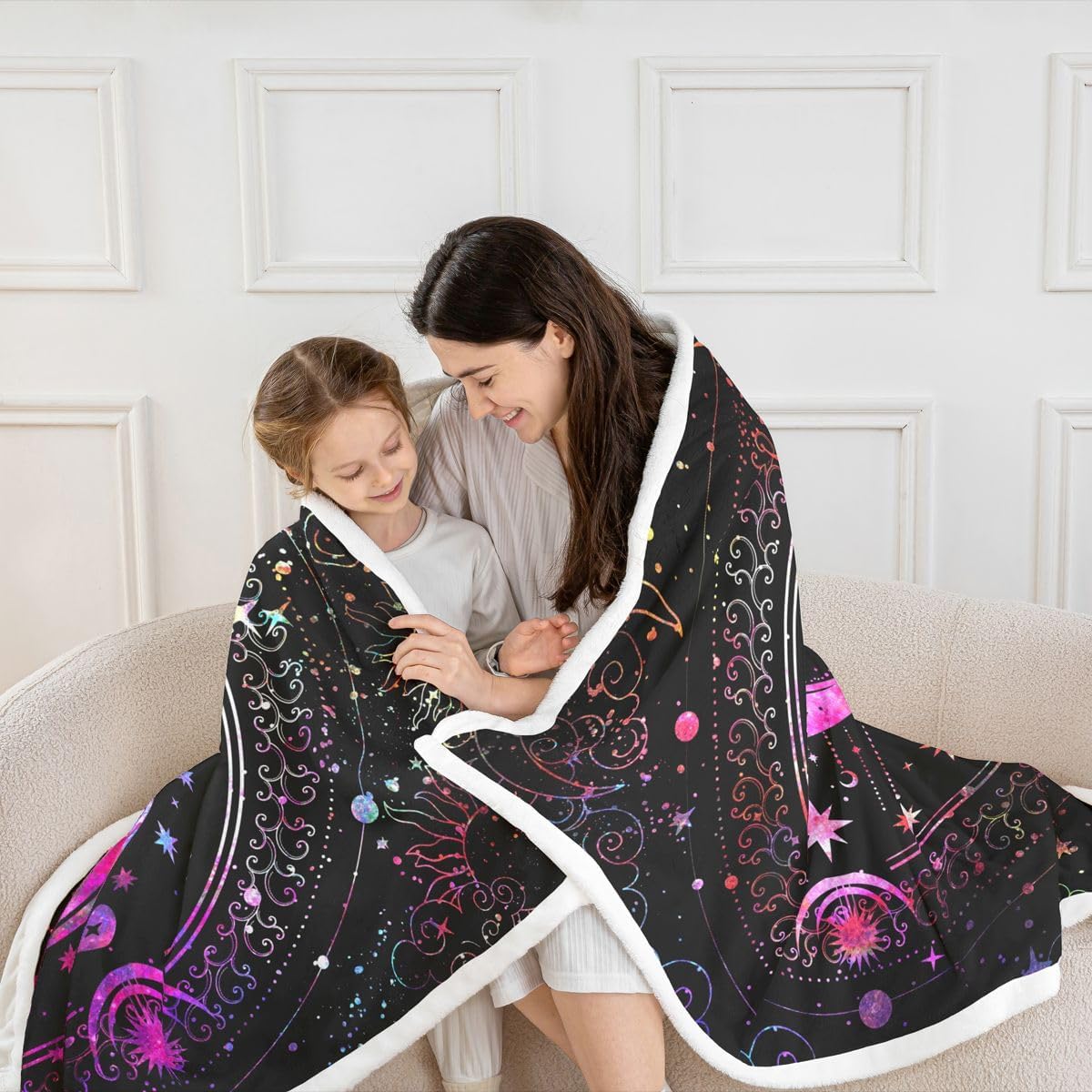 jejeloiu Colorful Bohemian Fleece Throw Blanket Throw 50"x60" Boho Sun Moon Plush Blanket for Bed Sofa Couch Boho Exotic Sherpa Blanket Breathable Galaxy Warm Fuzzy Blanket Room Decor