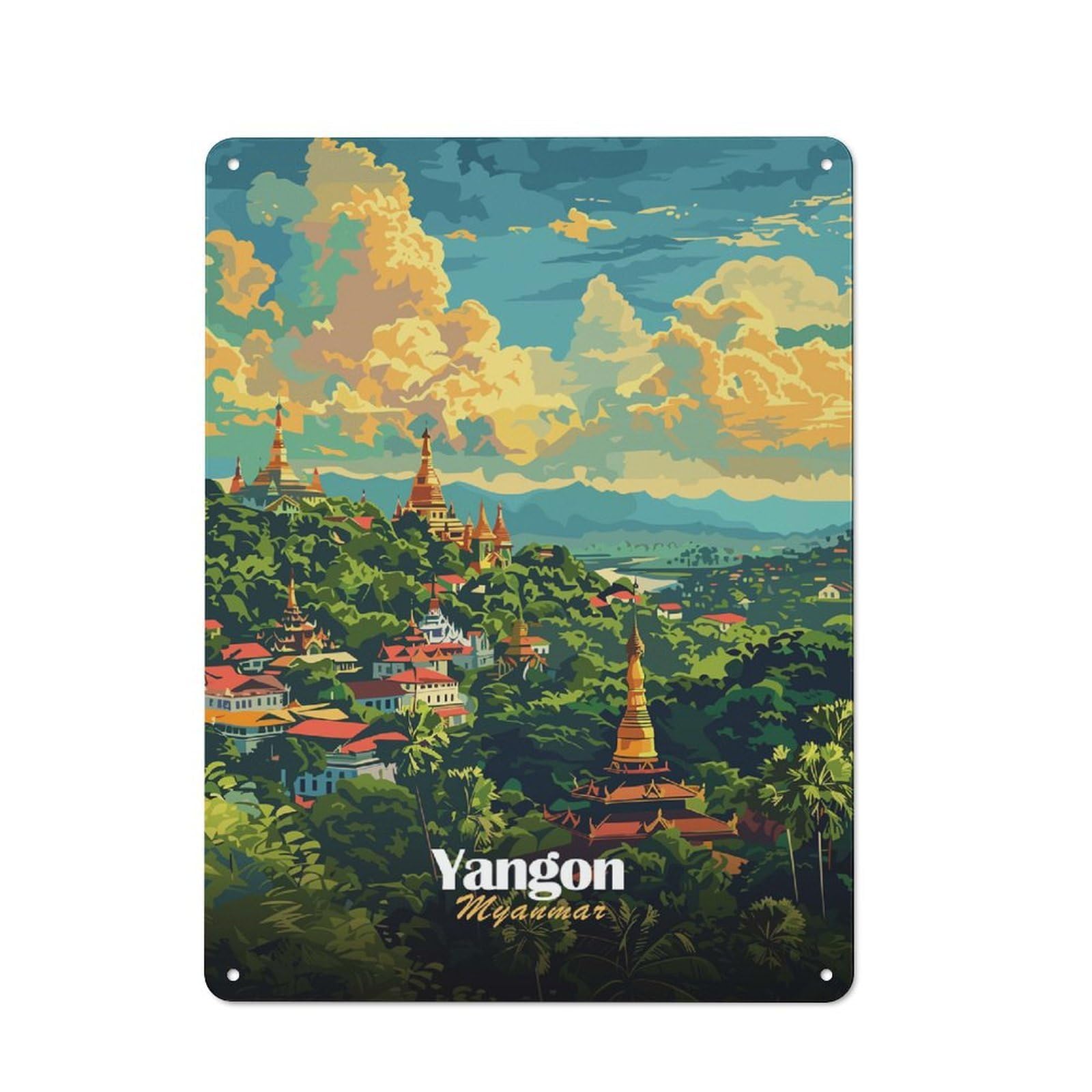 Junmoney Style-4 Outdoor Room Rustic Tin Sign 40X30cm Featuring Yangon, Myanmar Cityscape, Shed Wall Decor For Greenhouse, Garden Room, Cafe Or Entryway