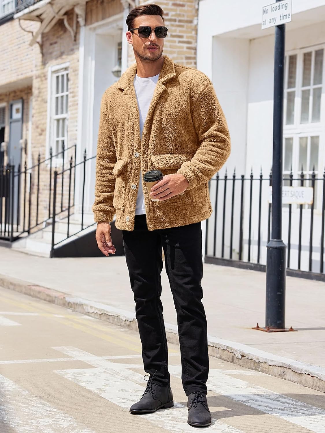 Runcati Mens Fuzzy Sherpa Jacket Fleece Long Sleeve Button Down Coat Fall Winter Warm Outwear - Image 4