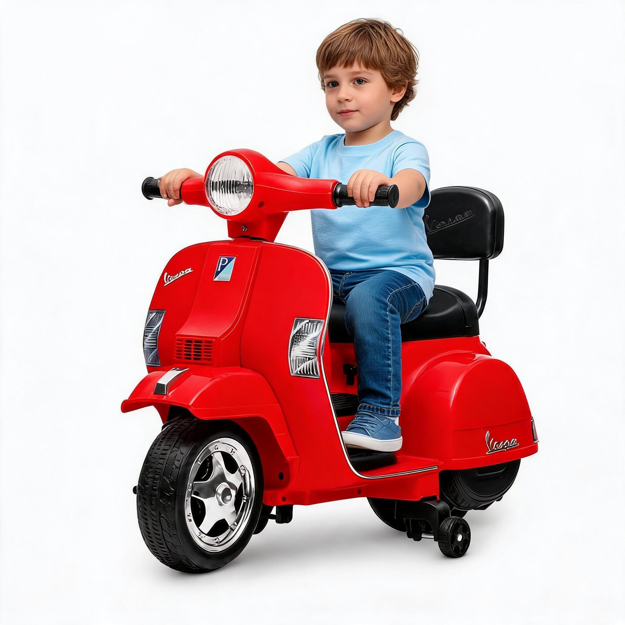 IDEALHOUSE Licensed Classic 6V Kids Electric Ride-on Scooter Motorbike 4-Wheel Anti-Tip Stability with Padded Seat Backrest for Age 3-7,red