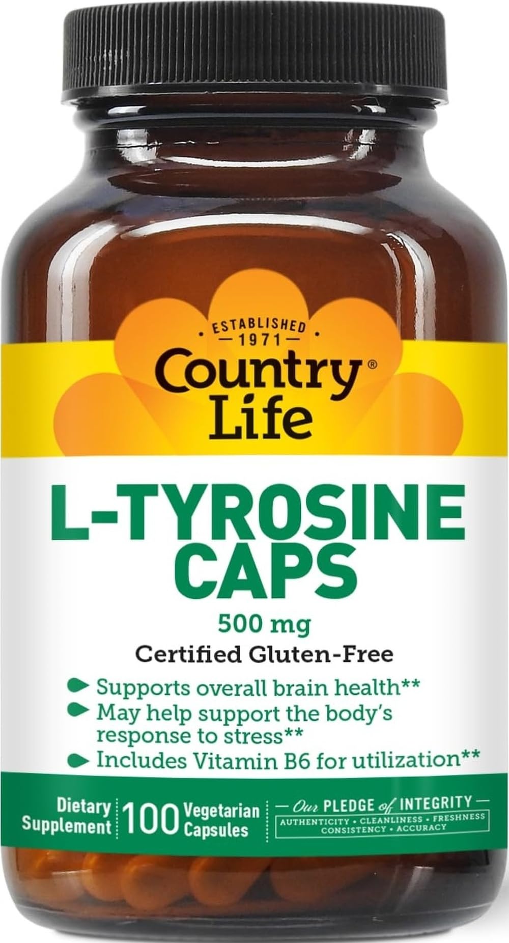 Country Life L-Tyrosine 500mg with Vitamin B6 Supplement - Certified Gluten-Free, Vegetarian, Kosher, Boosts Focus & Energy, Supports Brain Health, Enhances Mental Clarity, Non-GMO - 100 Capsules