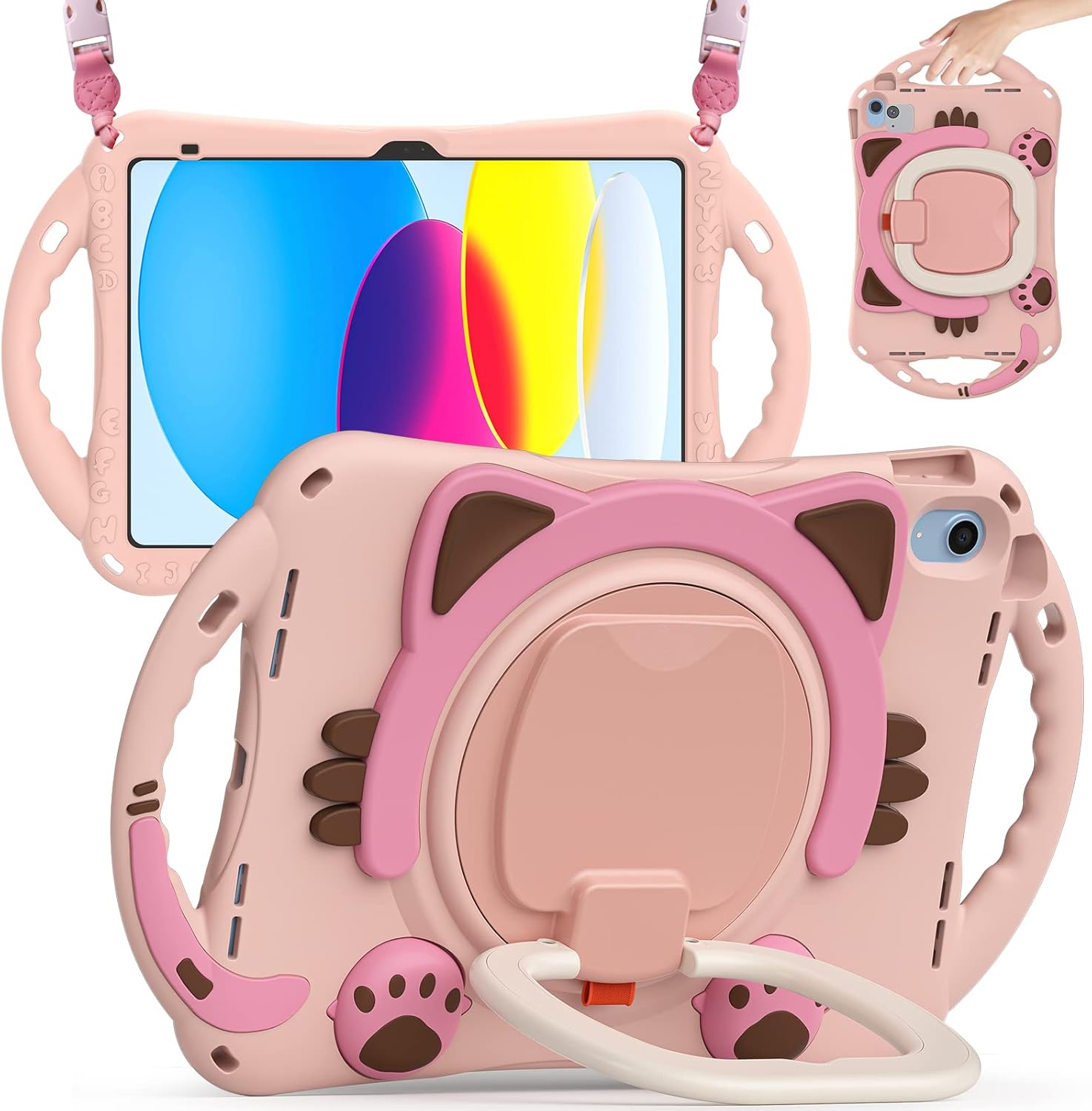 BATYUE Case for iPad (A16) 11th/10th Generation 10.9'' 2025/2022, Rugged Protective Shockproof Cover for Kids with 360° Rotating Stand, Pencil Holder, Carrying Strap, Cat Pink