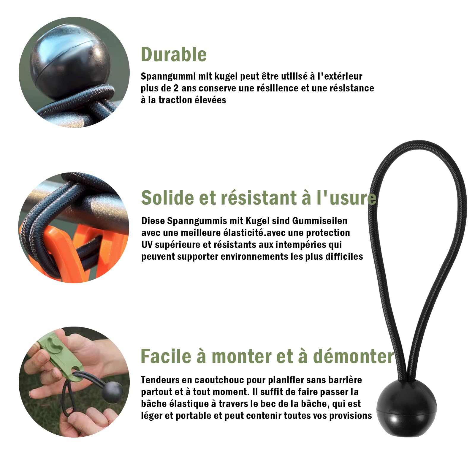 Lot De 50 Tendeurs élastiques Avec Boule - 15cm Extensible à 30cm | Pour Bâches, Tentes, Filets Et Tonnelles
