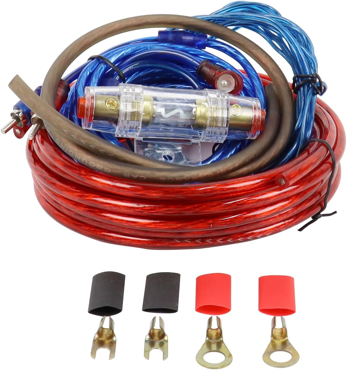 HBU 8 Gauge Amplifier Wiring Kit - High Current 8 AWG Car Audio Complete Amp Install Kit with RCA Interconnect Cables & 60A AGU Inline Fuse - Truck, Boat, Trailer Radio Circuit Protection