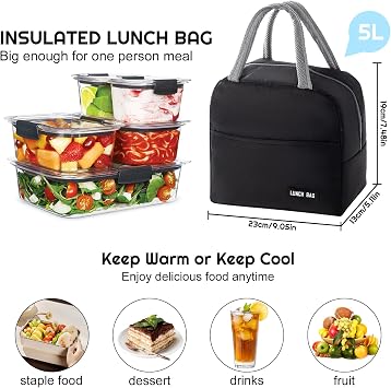 SUOXU Insulated Lunch Bag for Men Women Kids Cool Bag- Reusable Thermal Food Bag Ice Pack with Leak-Proof Liner, Cooler Tote for Work, School, Picnic & Travel (5L-Black)