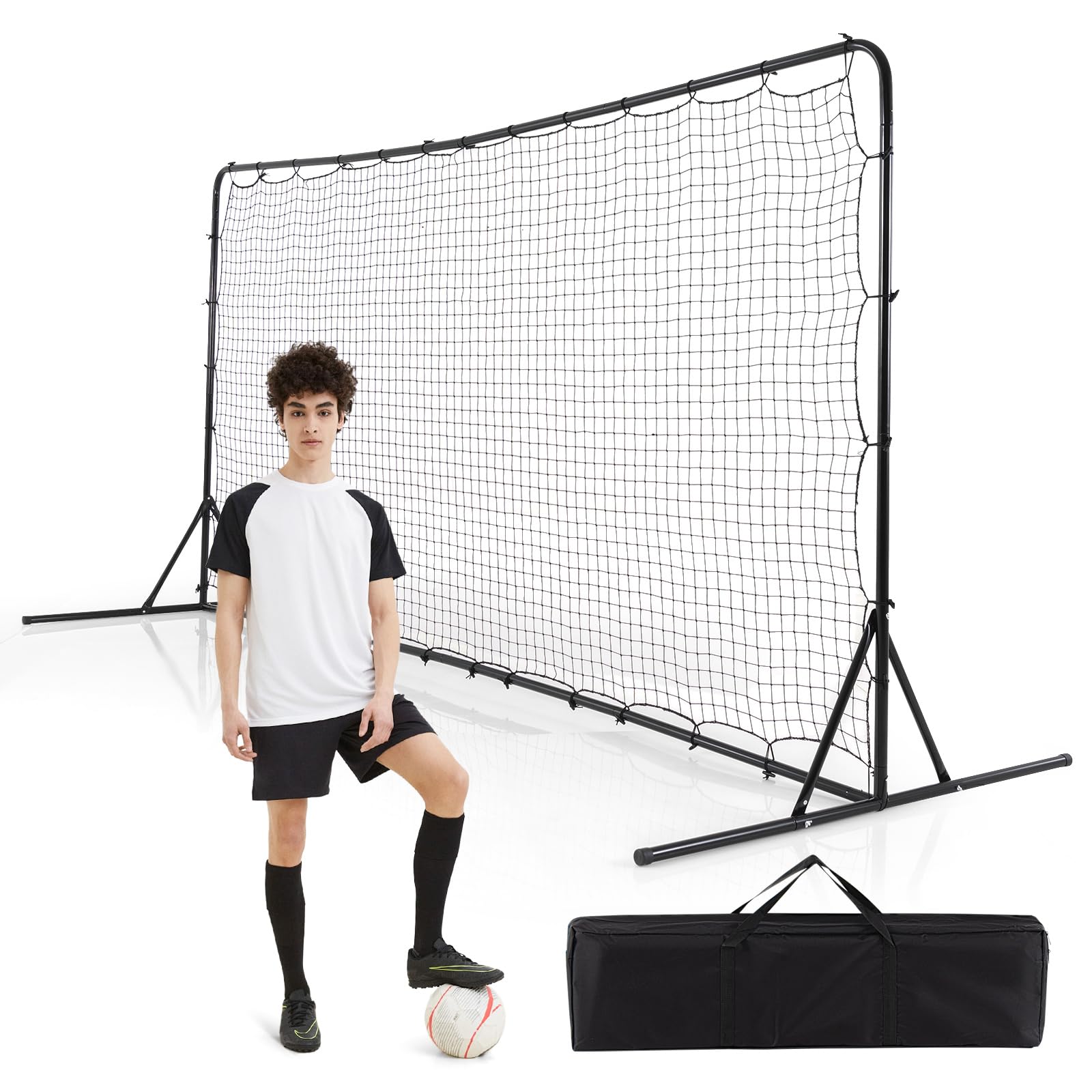 COSTWAY Portable Football Rebounder Net, 12ft x 6ft Soccer Training Equipment with Carry Bag and Ground Stakes, Metal Frame Soccer Goal Net for Backyard, Playground & Park (Black)