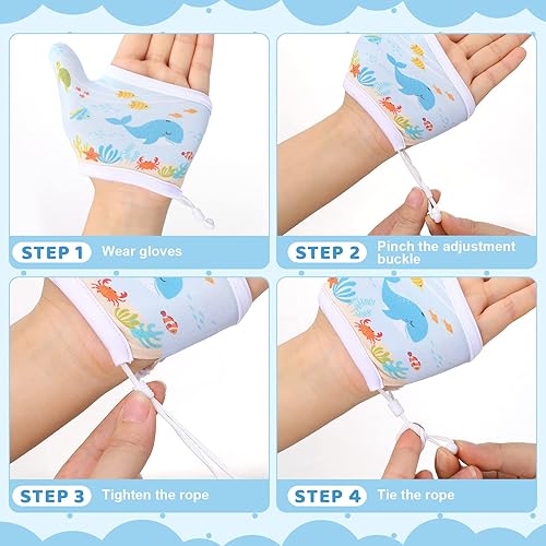 Miniatura 4 de Seematn 4 pares de guantes de succión de pulgar transpirables para niños pequeños que dejan de chupar los dedos de los dedos (3-6 años, dinosaurio)