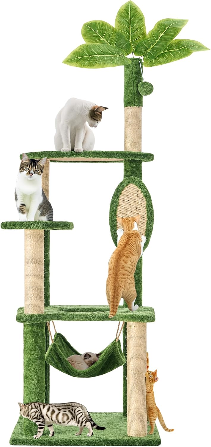 Cat Tree for Indoor Cats, 55 Inch Cat Tower with Rotating Scratching Board, 4 Sisal Posts & Leaf Top Design, Modern Cat Furniture for Multiple Cats (No House), Green