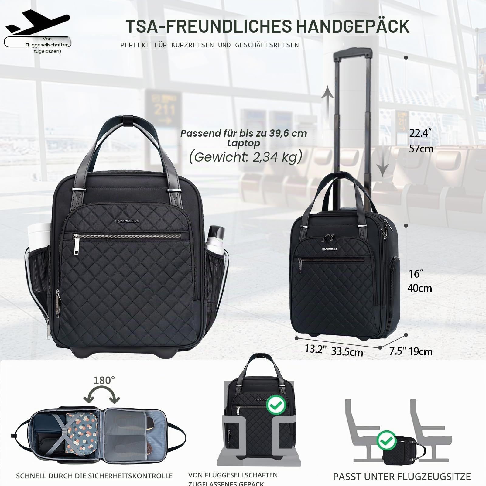 EMPSIGN Handgepäcktasche mit Rädern unter dem Sitz, 40,6 cm, Schwarz, 16 Inch, Handgepäck unter dem Sitz