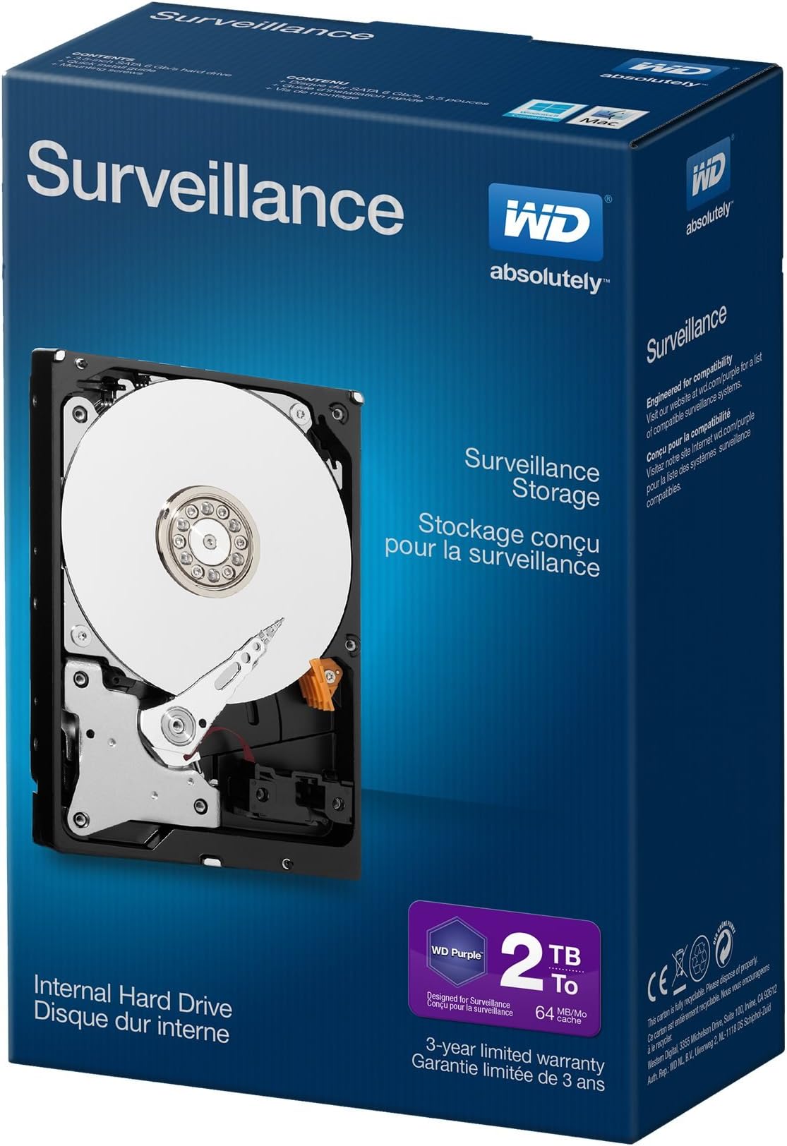 WD Purple 2 TB Surveillance Hard Disk Drive, Intellipower 3.5 Inch SATA 6 Gb/s 64 MB Cache 5400 rpm, Black