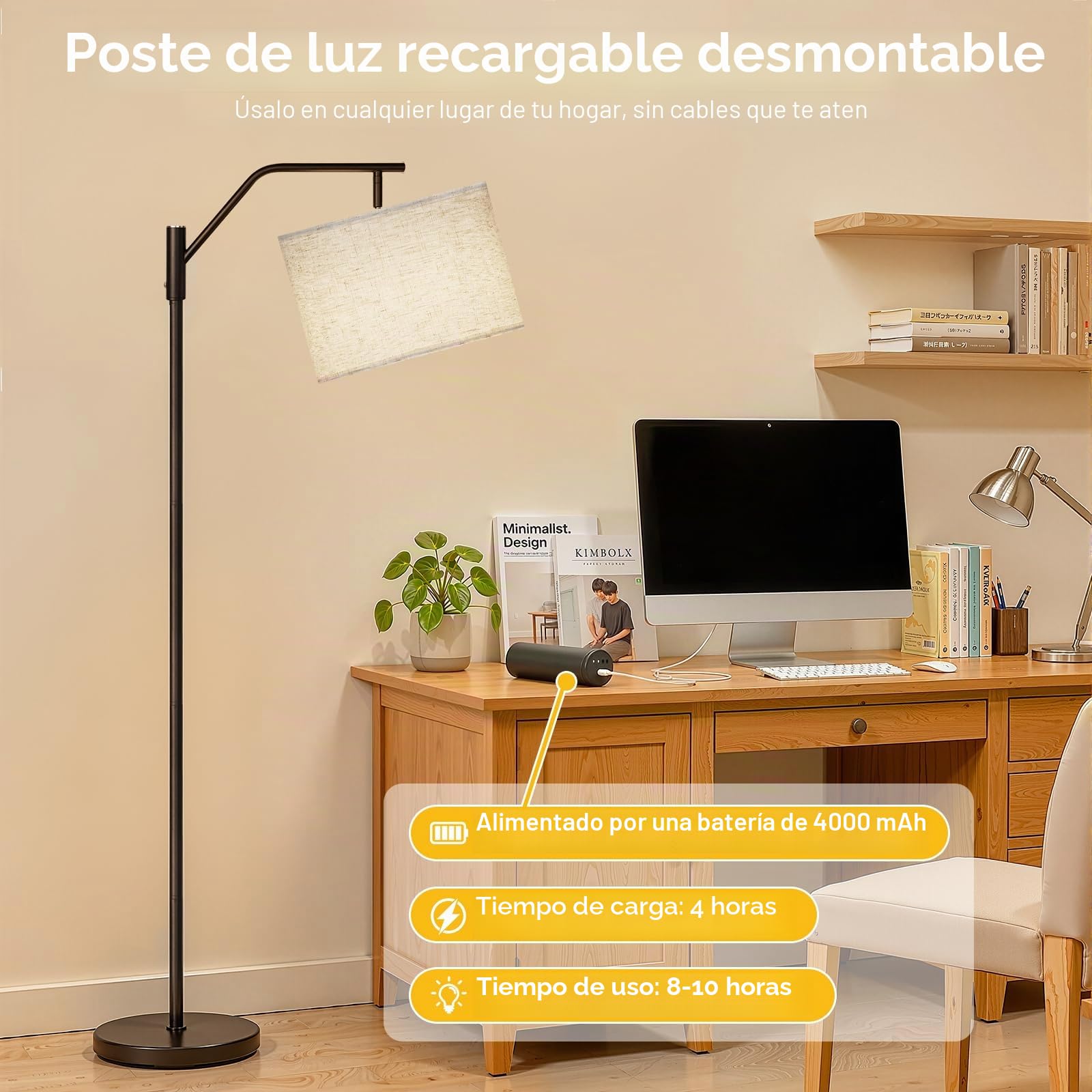 TaoFiaCo 168CM Lámpara de Pie LED Recargable para Salón con Mando a Distancia Beige - Lámpara de Arco Moderna 3 Temperaturas de Color - Lámpara de Pie para Dormitorio Oficina - Incluye Bombilla LED