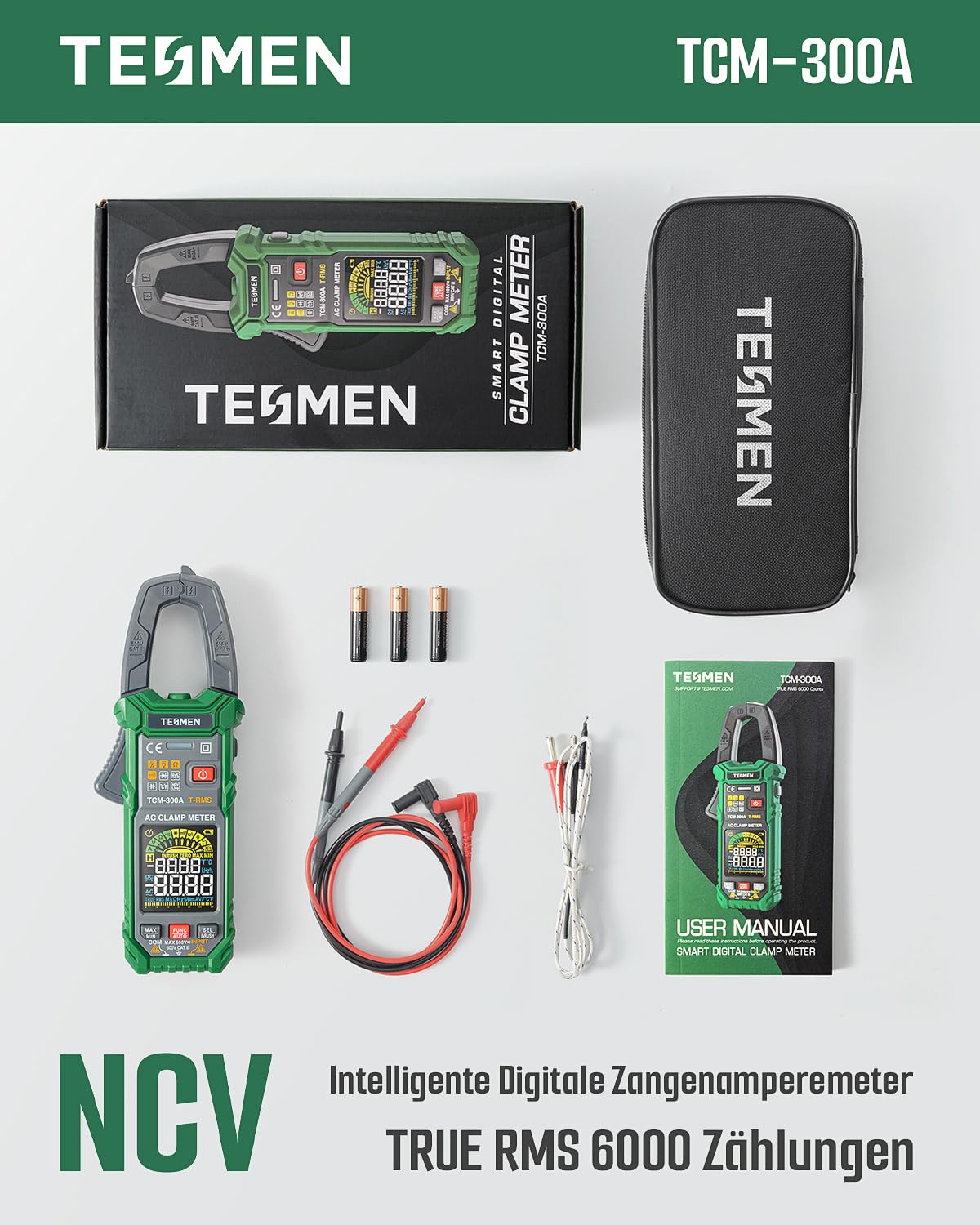 TESMEN TCM-300A Digital Clamp Meter 6000 Counts T-RMS Amperemeter Auto-Ranging Multimeter Voltmeter mit AC-Strom AC/DC Spannung NCV/Live Wire Einschaltstrom Widerstand Diode Temperatur – Grün