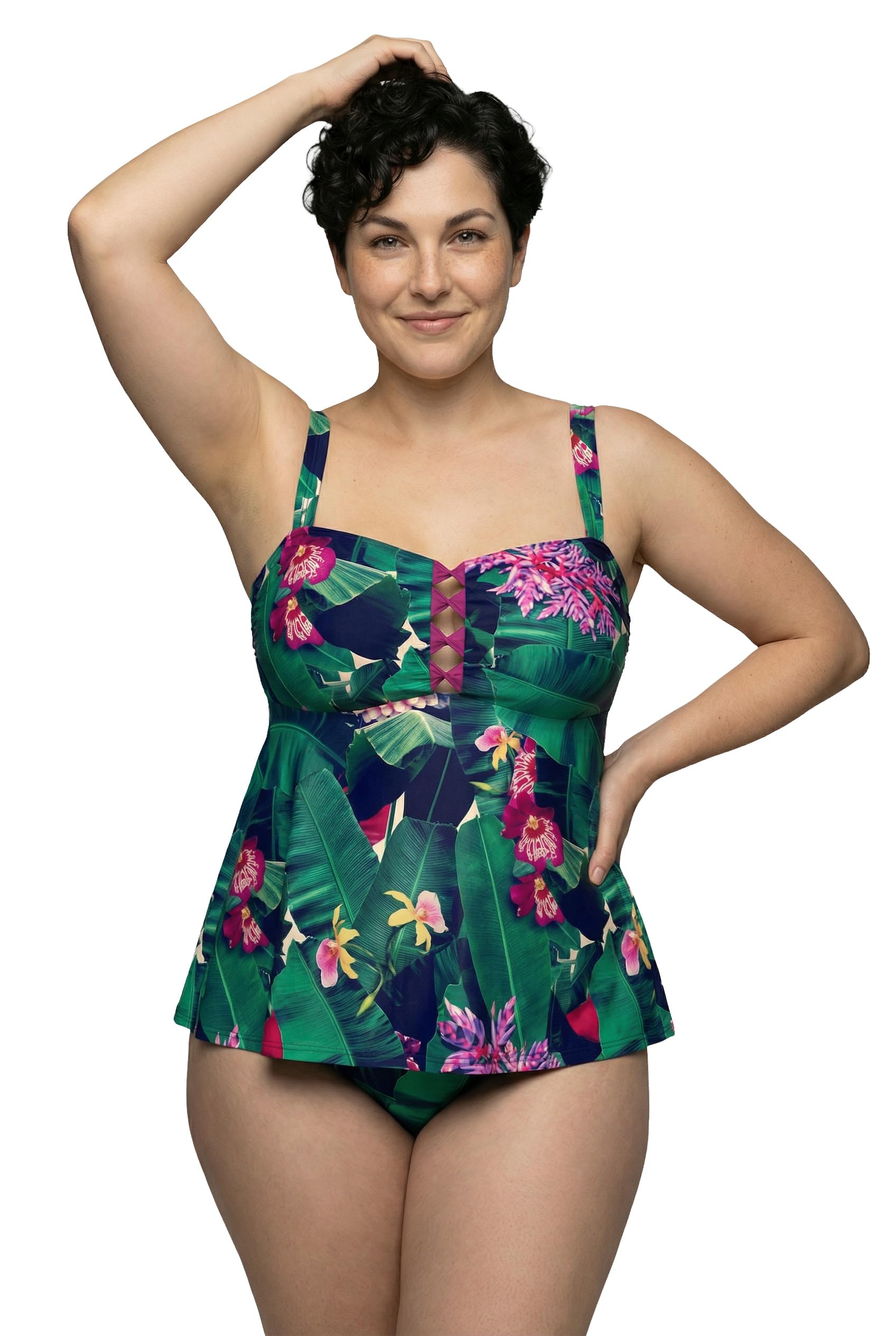Ulla Popken Femme Grandes Tailles Tankini à Fleurs, Bonnets Souples et Bretelles réglables, matière recyclée 849154