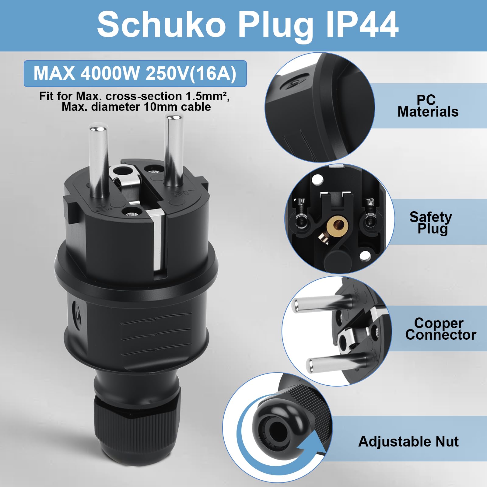 10Pcs Spina Schuko 250V(16A), Presa Schuko con Contatto di Protezione, Ritardante di Fiamma Ip44, per Cavo da 6 a 10 mm, Europa Spina per Cavi per Esterni con Cacciavite
