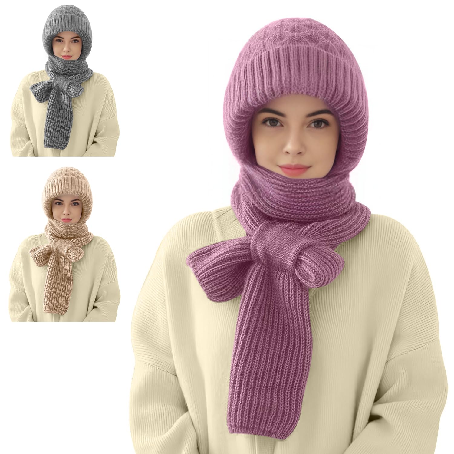 Daioai Integrated Ear Protection Windproof Cap Scarf, Winter Warm Knitted Hat Scarf, Elastic Thickening Beanie Hat Scarf
