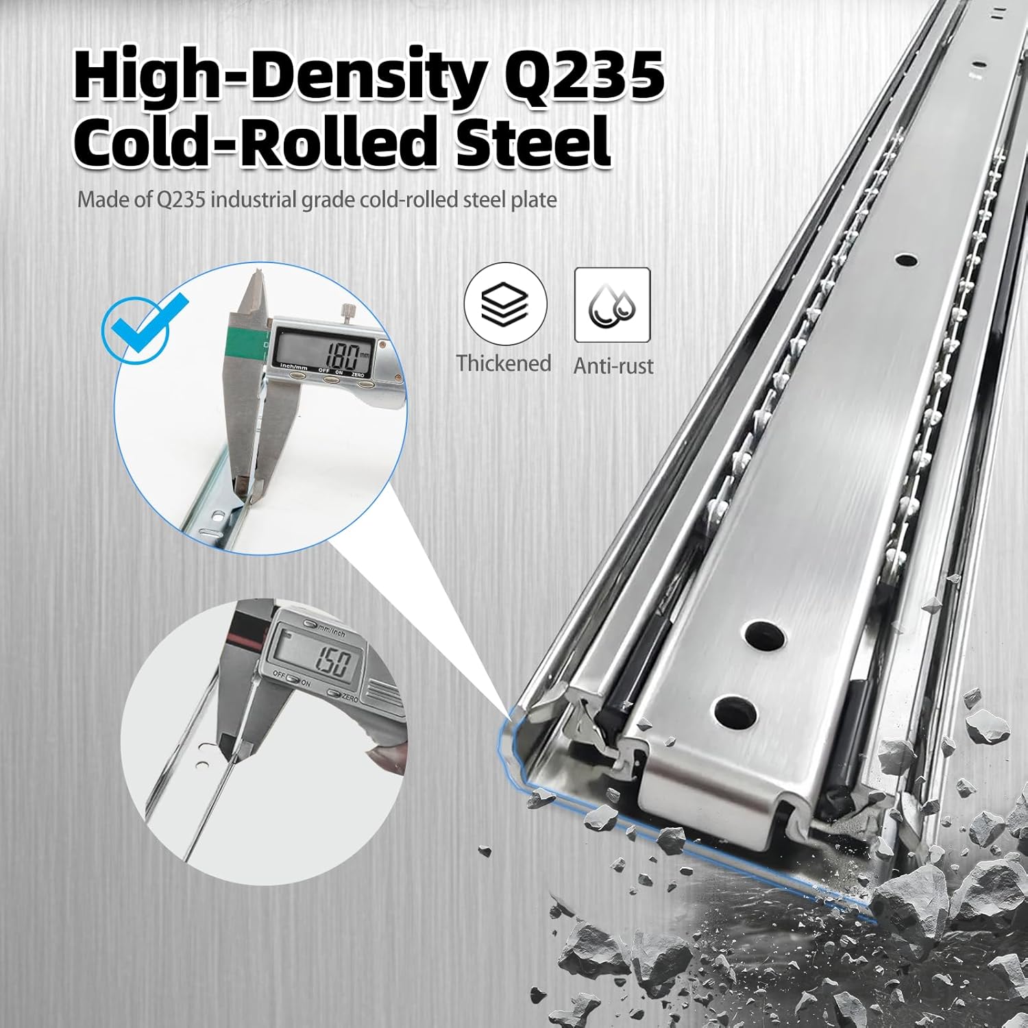 heavy duty 36 inch drawer slides, 200 lb load capacity, side mount, full extension, ball bearing, cabinet tool box rail, 1/2" thick clearance, 1 pair 36inch w:51mm