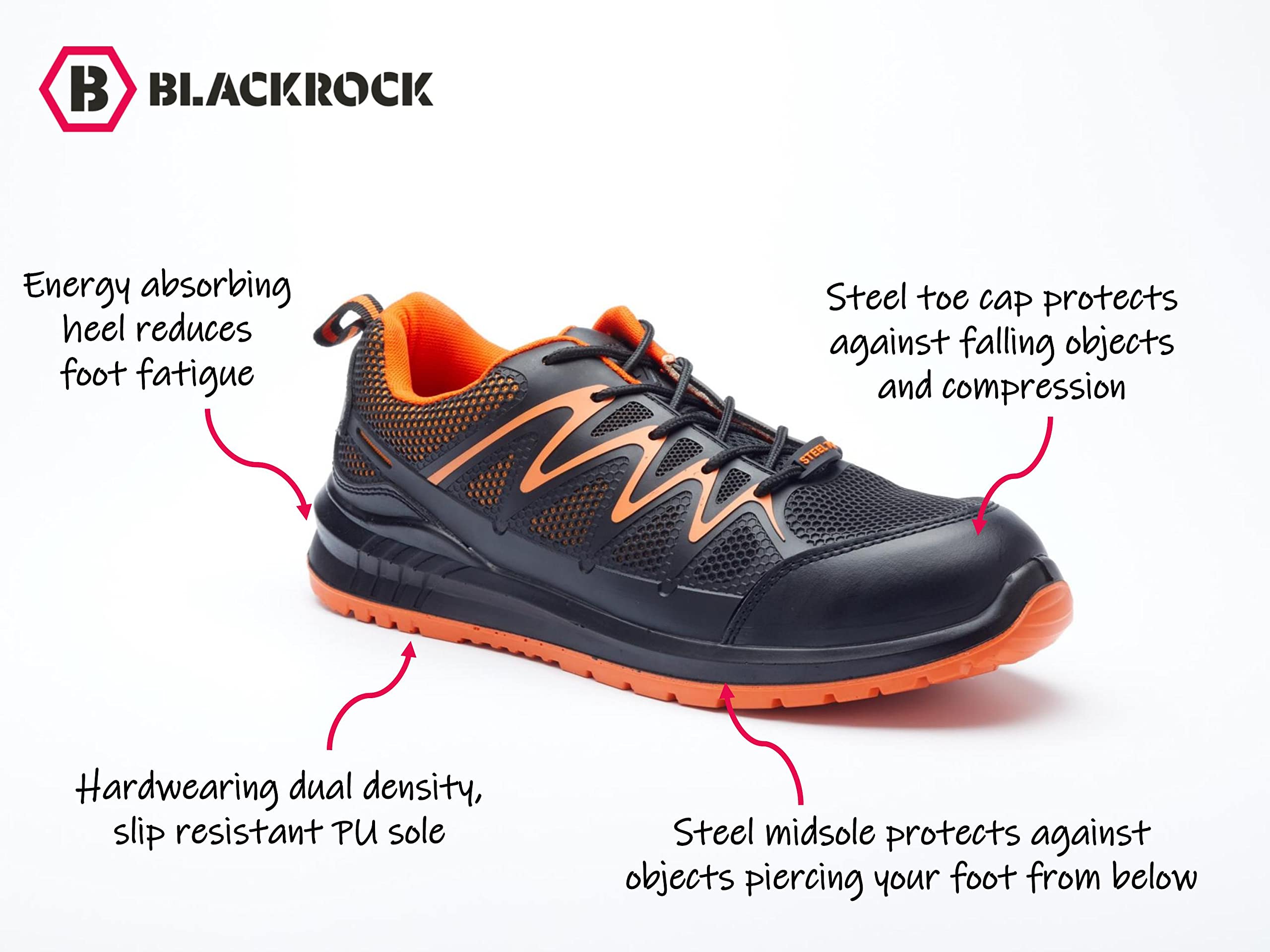 Blackrock Dover S1-P Zapatillas de seguridad ligeras, antiestáticas, cuero, calzado de trabajo, puntera de acero y entresuela protectora de acero, suela antideslizante, zapatillas de seguridad