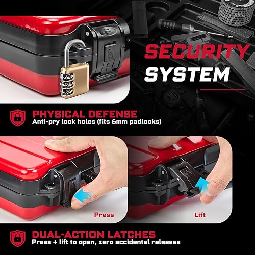 Miniatura 4 de Caja de herramientas roja de 11 pulgadas, estuche de herramientas portátil de acero resistente con pestillo de seguridad y asa para almacenamiento