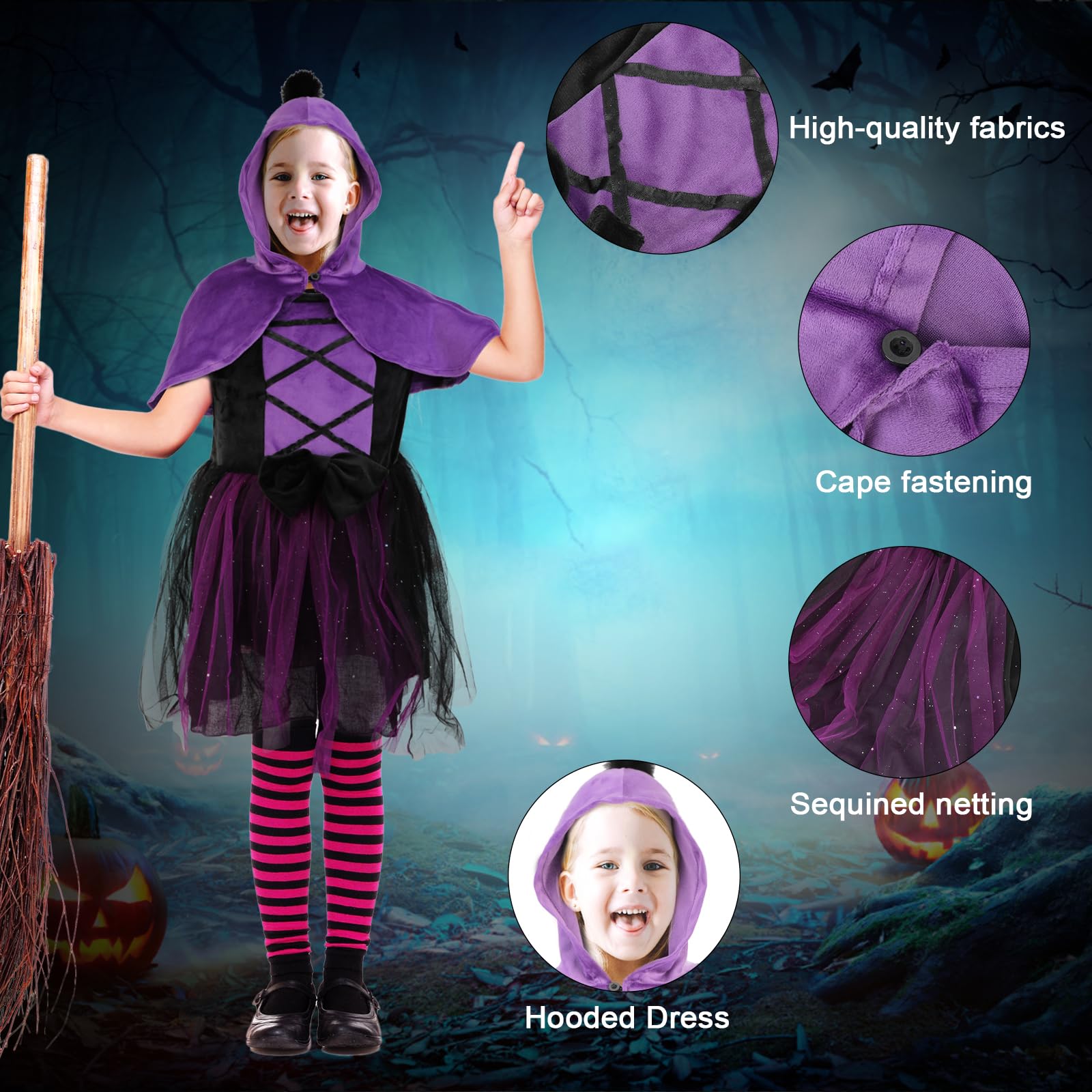 TAGVO Costume da Strega Halloween per Bambina, Ragazze Principessa Vestito Strega Viola Poncho Cappuccio Capo Paillettes Tulle Abiti serbatoio per bambini Halloween fantasia vestire per 1-6 anni