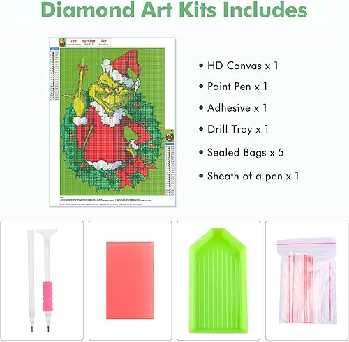 Miniatura 5 de MOGTAA Kits de arte de diamantes de Navidad para adultos, kits de arte de diamantes Grinch para principiantes, kits de puntos de diamante 5D,