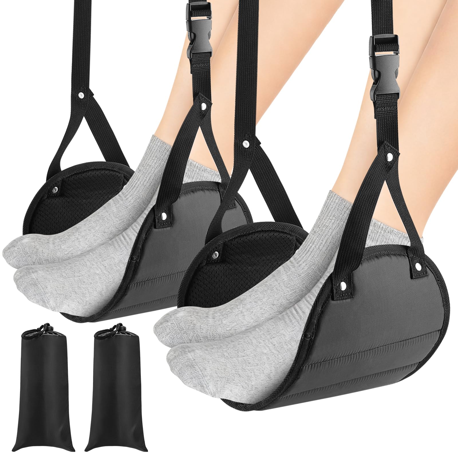 Photo 1 of 2-Pack Airplane Foot Hammock for Plane Travel – Adjustable Leg Rest Foot Hammock with Metal Buckles – Lightweight Travel Foot Rest for Airplane, Train, Bus and Car