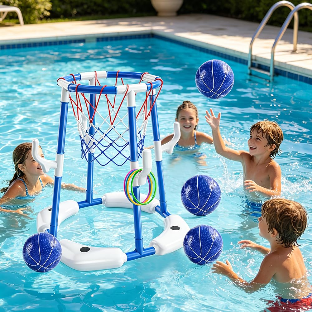 Pool Basketballkorb, Basketballkorb für Erwachsene mit 4 Poolbällen und Pumpe, Schwimmende Aufblasbare Basketballspiele, Outdoor Spielzeug für Schwimmbad, Sommerpartys (Blau)