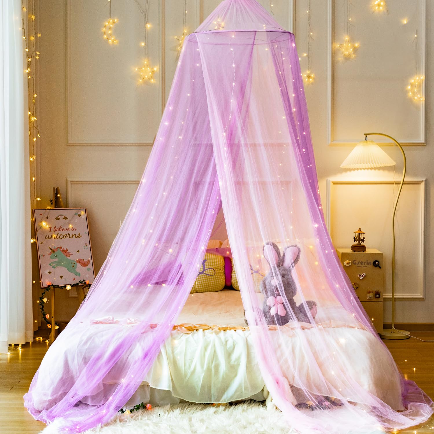 Two-Tone Bed Canopy Mosquito Net with Fairy Lights,Pink Purple Bed Canopy for Girls Bed Net,Princess Canopy for Kids Bed Room