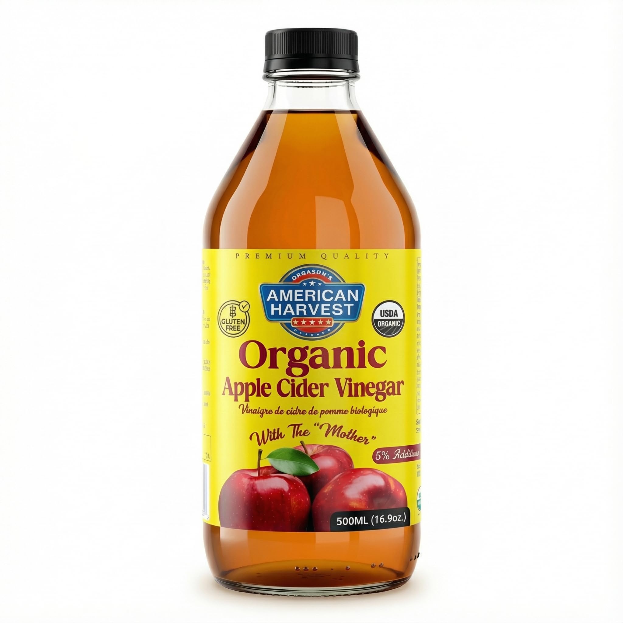 American Harvest Organic Apple Cider Vinegar with the ''Mother'', 5% Acidity, 473ml (16oz) | USDA Organic | Raw Unfiltered Source | Gluten Free