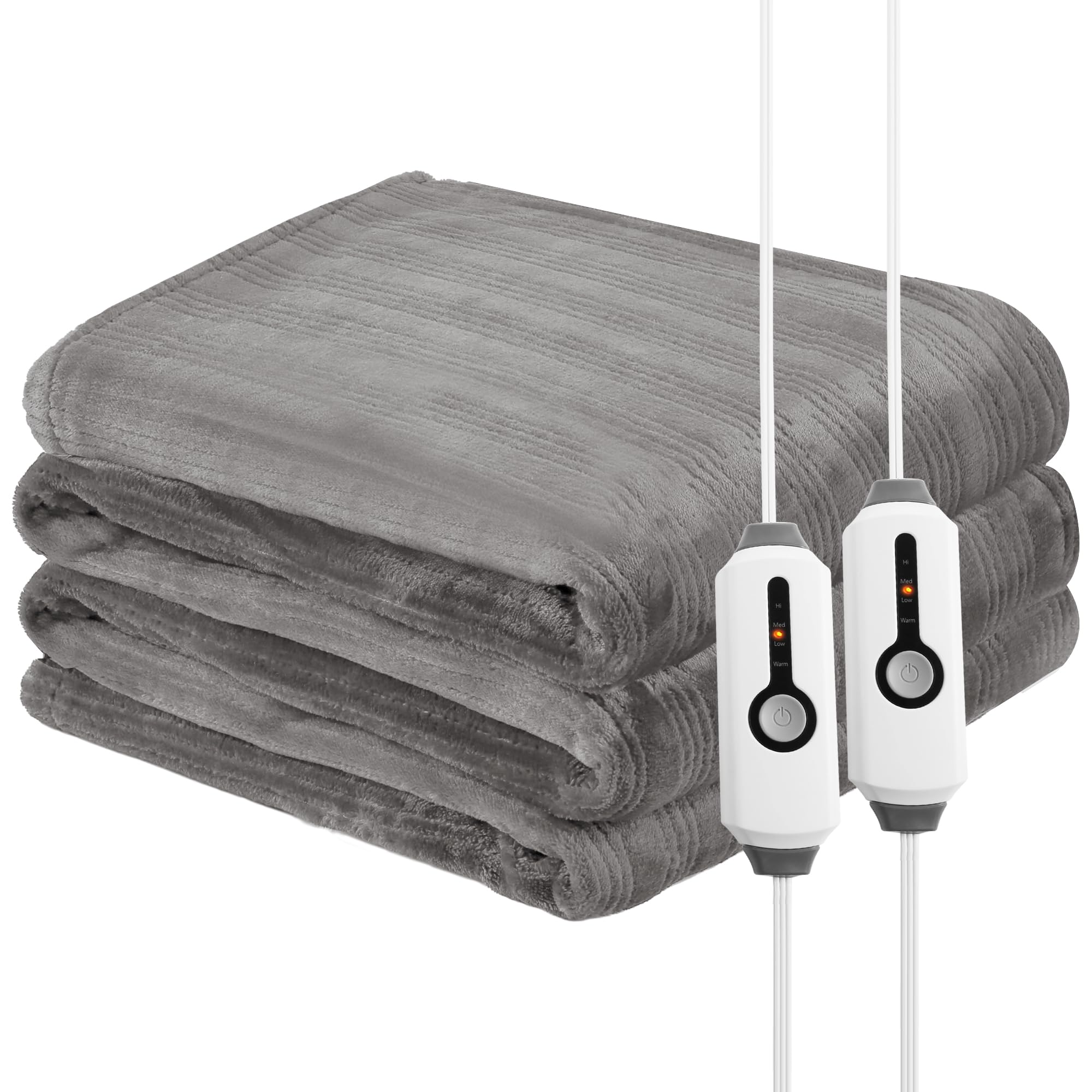 Electric Heated Blanket 84'' x 90'' Queen Size Flannel Fabric, Keep Your Warm All Night, Dual Controllers, 4 Heating Levels& 10 Hours Auto Shut-Off, Silver