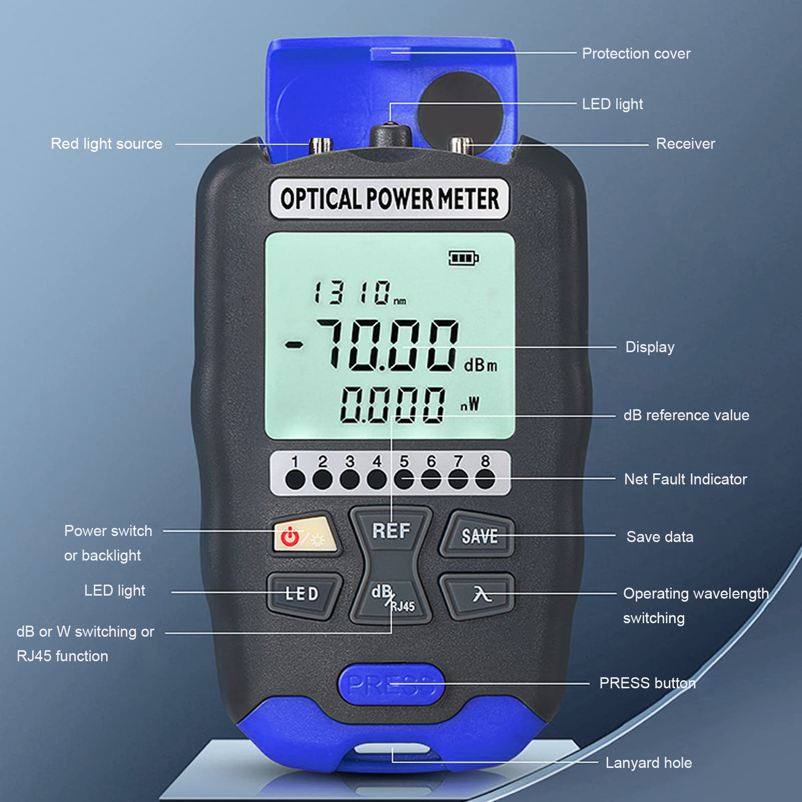Glasfaser-Leistungsmesser 50 km Optischer Kabeltester VFL-Visualisierungsfehlerorter AUA DC50 (-50~+26dBm)