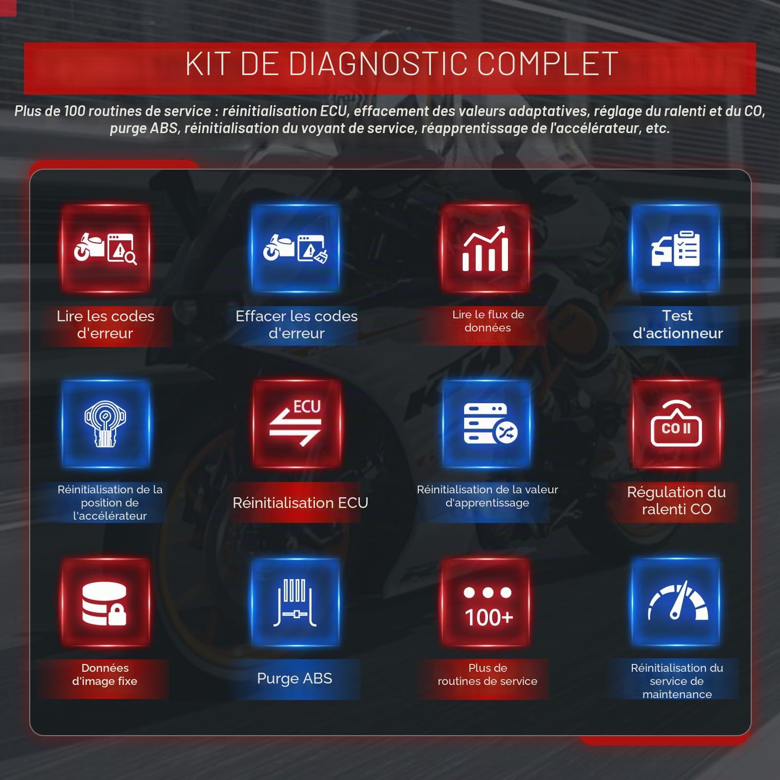 Outil de Diagnostic de Moto,Les systèmes complets de scanner OBD2 pour moto M7 prennent en charge plus de 70 marques mondiales, plus de 100 fonctions Lecteur de code WIFI Mise à jour en un clic Écran
