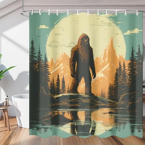 Sasquatch - Divertida cortina de ducha con pie grande retro, juego de cortina de ducha de tela fresca con 12 ganchos para accesorios de decoración