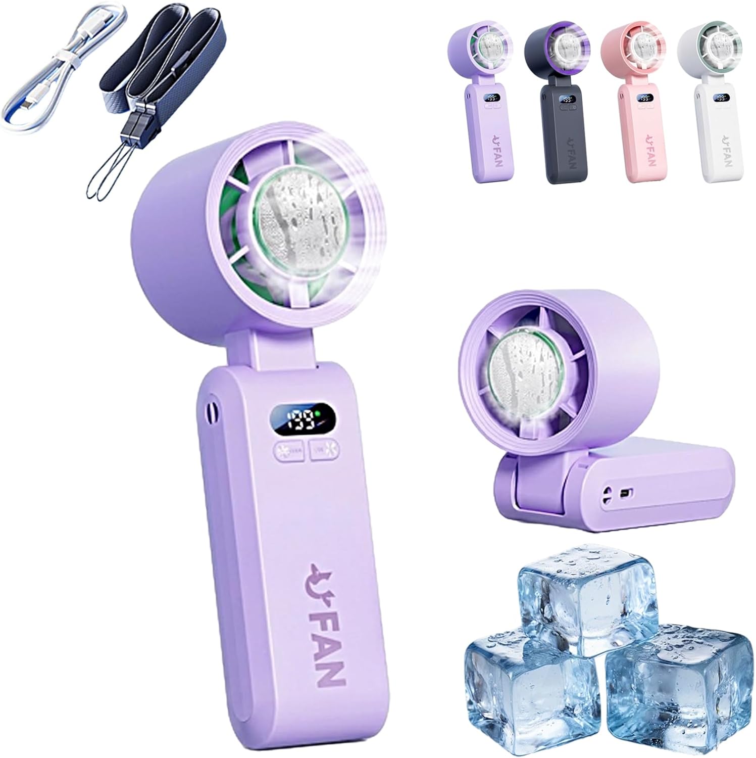 Portable Turbo Fan, Personal Handheld Cooling Fan with Ice Cooling Pad, 199 Speeds 3 in 1 Small Desk Neck Fan, For Travel and Office Use, With Lanyard Data Cable (Purple)