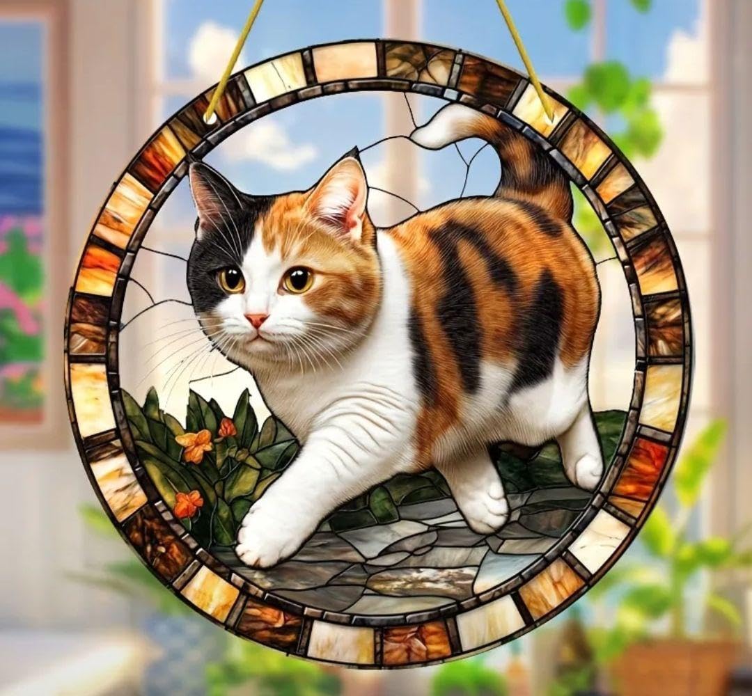 Amazon.co.jp: ステンドグラス風壁掛け 猫 三毛 ミケ サンキャッチャー
