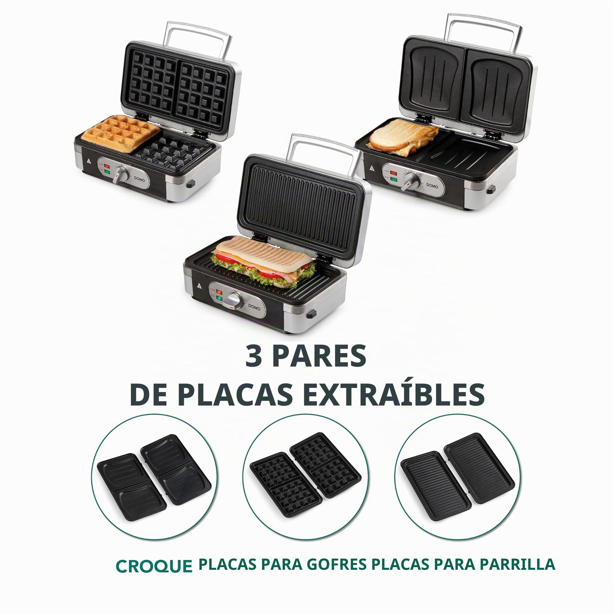 DOMO DO9136C - Sandwichera multifunción 3 en 1, plancha para gofres, parrilla de contacto, revestimiento antiadherente, acero inoxidable/negro