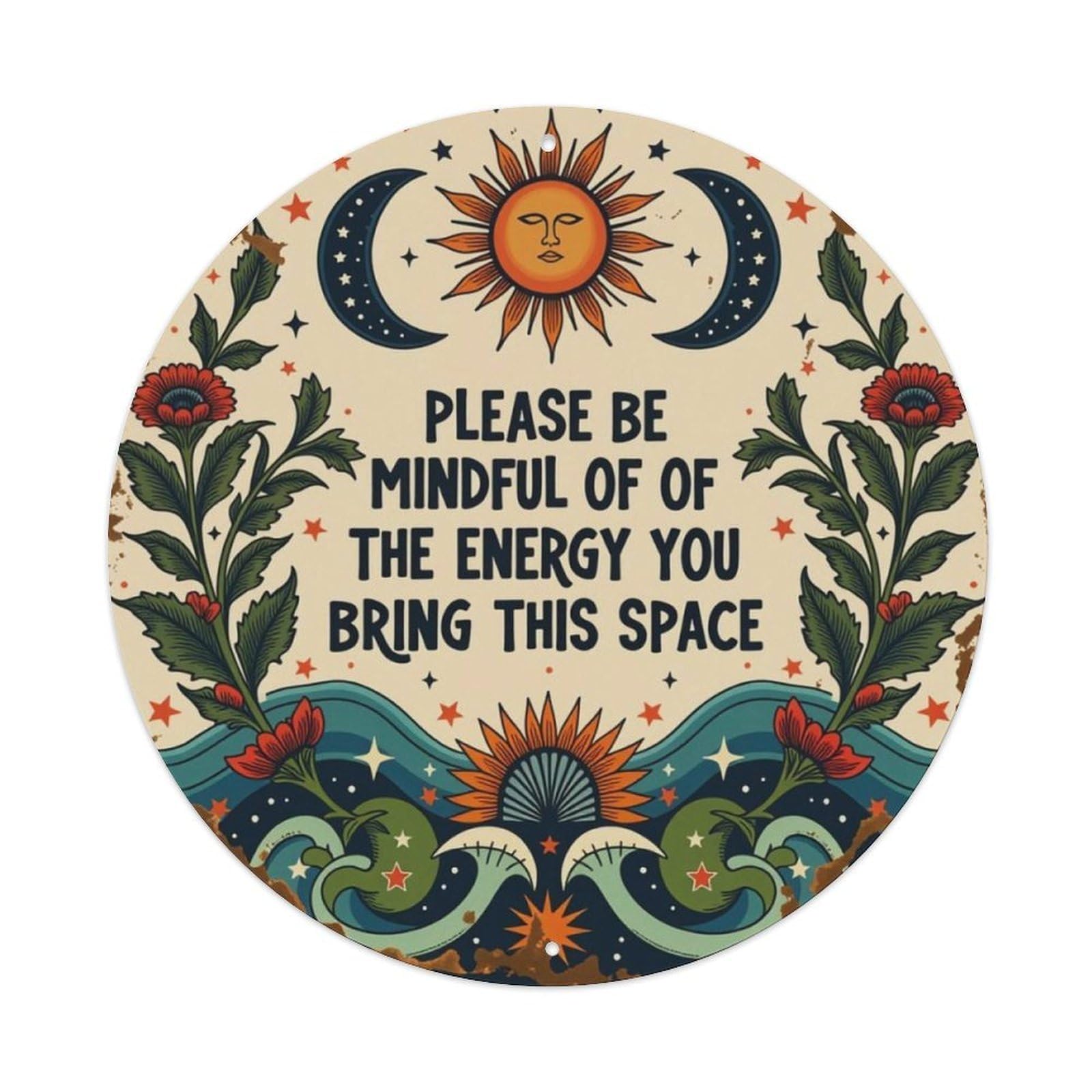 Boho Vintage Sun Moon Floral Inspirational Round Decor Sign Vintage Aluminium Metal Sign, Retro Wall Decor for Home, Bar, Garage & Farmhouse 20x20cm