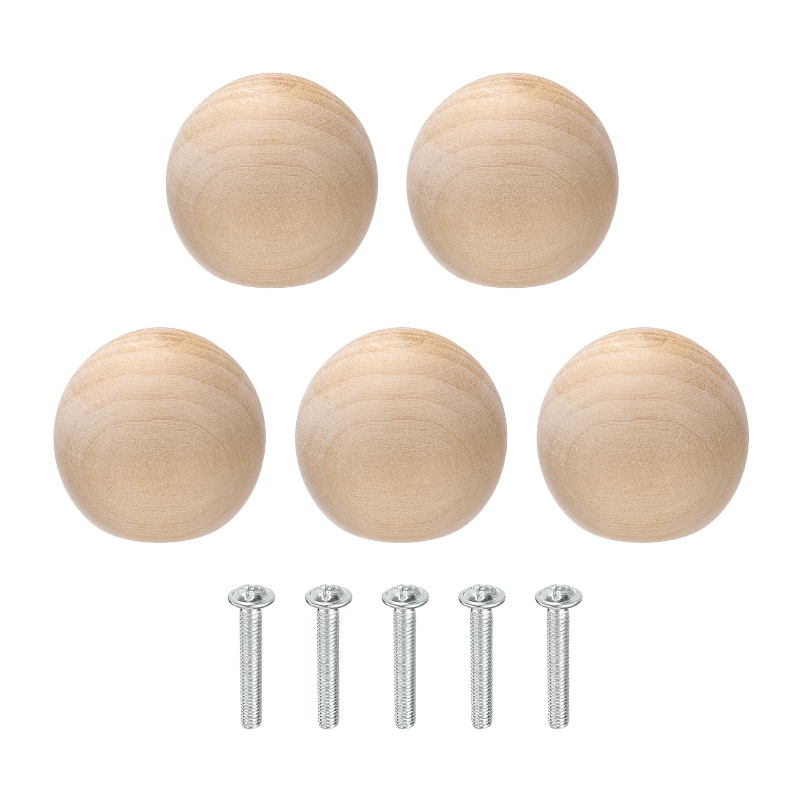 sourcing map 5Pcs Round Wood Drawer Knob, 1.38" Diameter Ball Shaped Dresser Knobs Solid Wooden Knobs with Screws for Furniture Drawer Wardrobe Cupboard