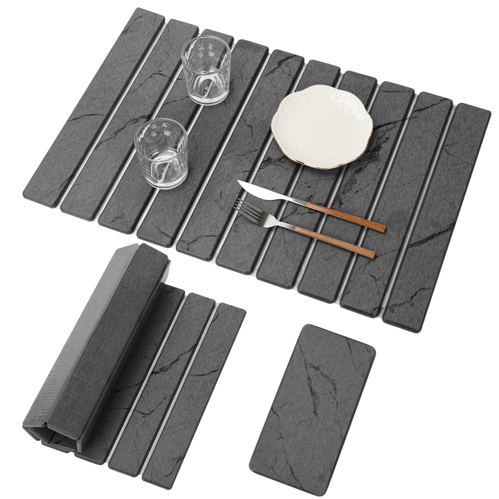 Bourske 2pcs Large Stone Dish Drying Mat for Kitchen Counter(60*39cm & 20*10cm) Diatomaceous Earth Water Absorbing Mat, Foldable and Quick Drying Mat (Dark Gray Marble)