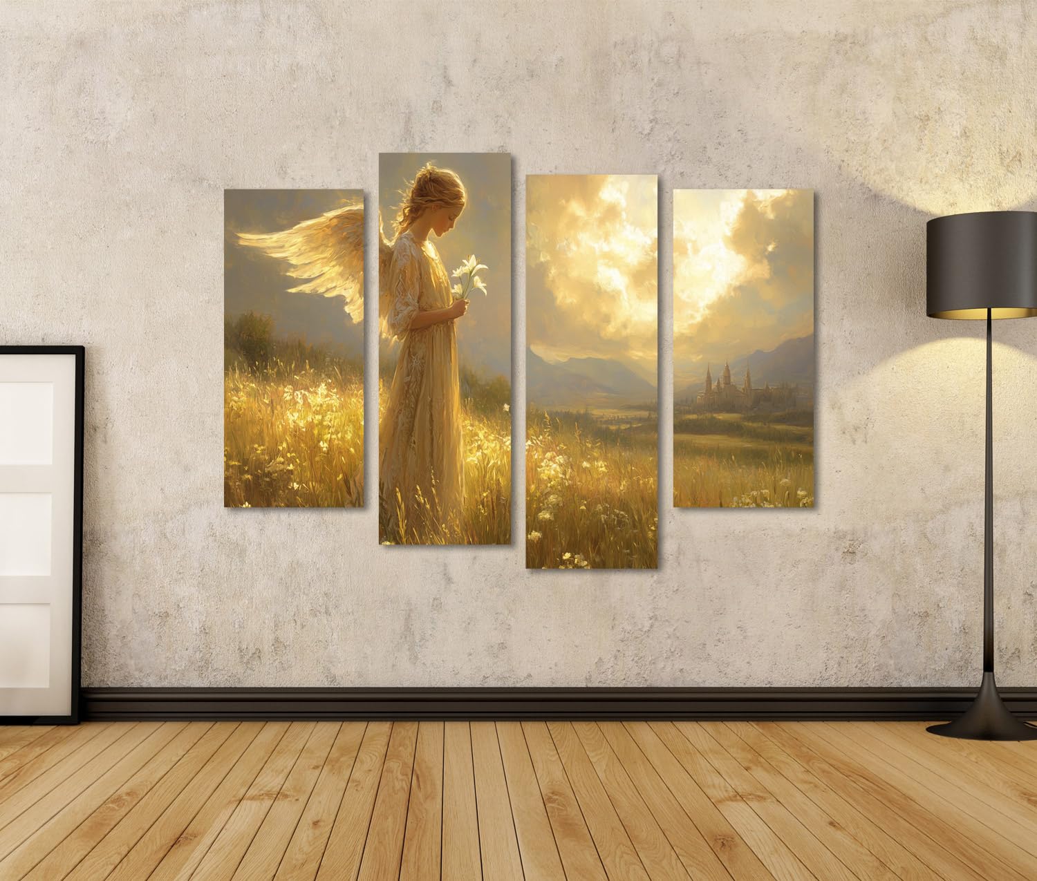 islandburner Quadro su tela Un angelo in un campo d'oro al tramonto immagini murali poster