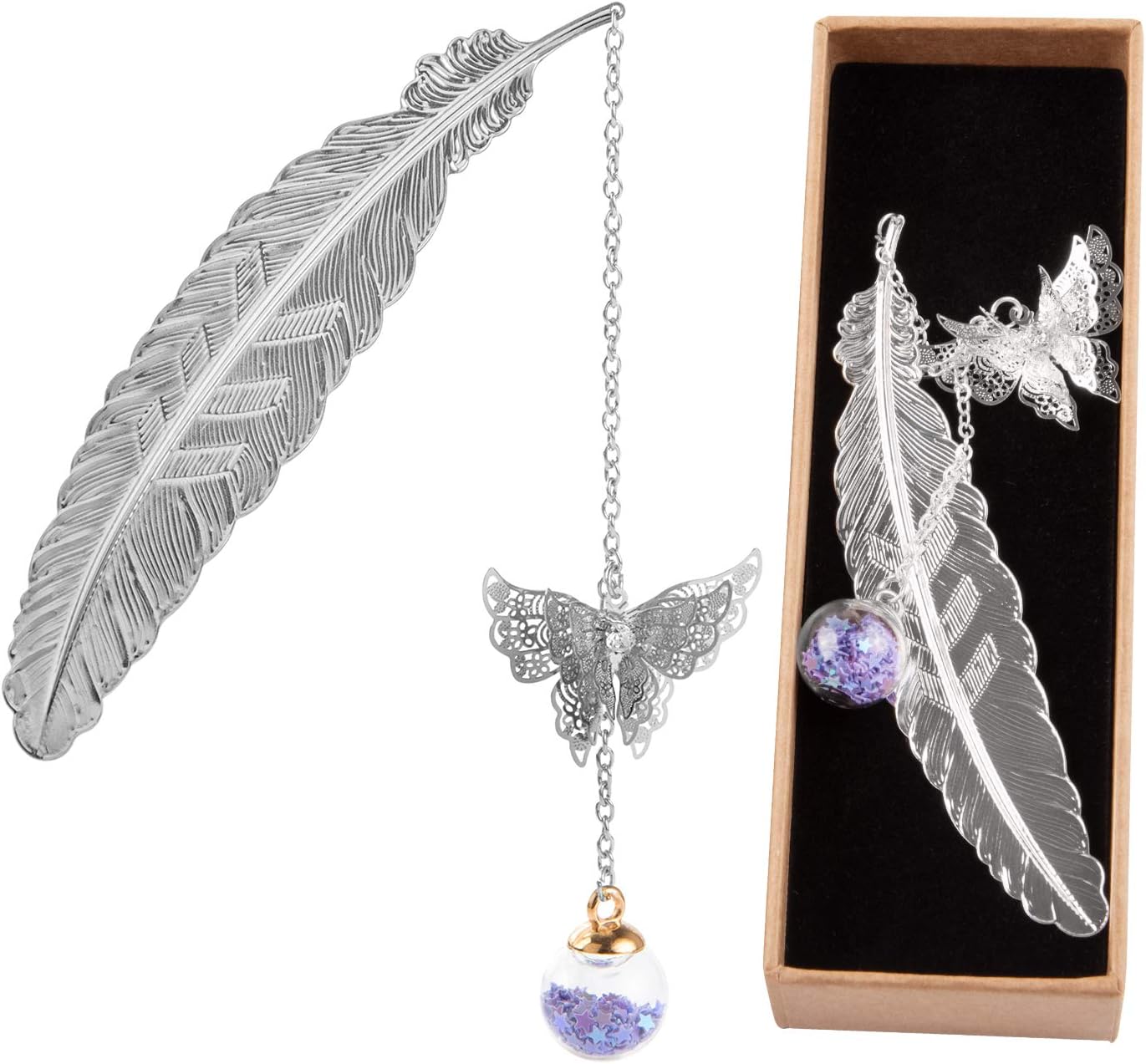 Metal Bookmarks, Feather Book Mark 3D Bookmark with Butterfly and Glass Beads Pendant, Gifts for Reading Lovers Women Men Kids (Sliver Feather Purple Stars)