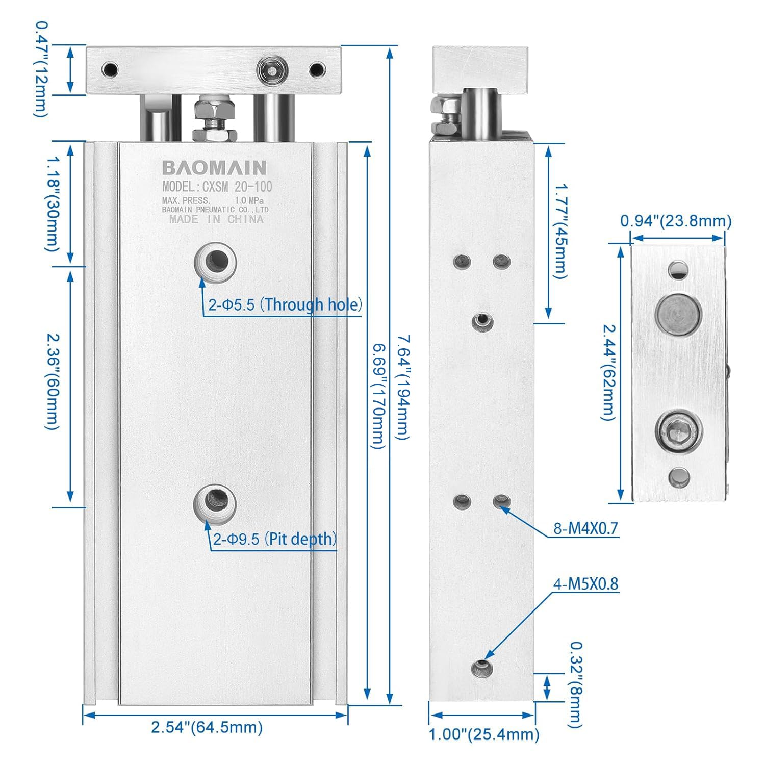 BAOMAIN Double Rod Pneumatic Air Cylinder CXSM20x100 20mm Bore 100mm Stroke — Amazon image 2