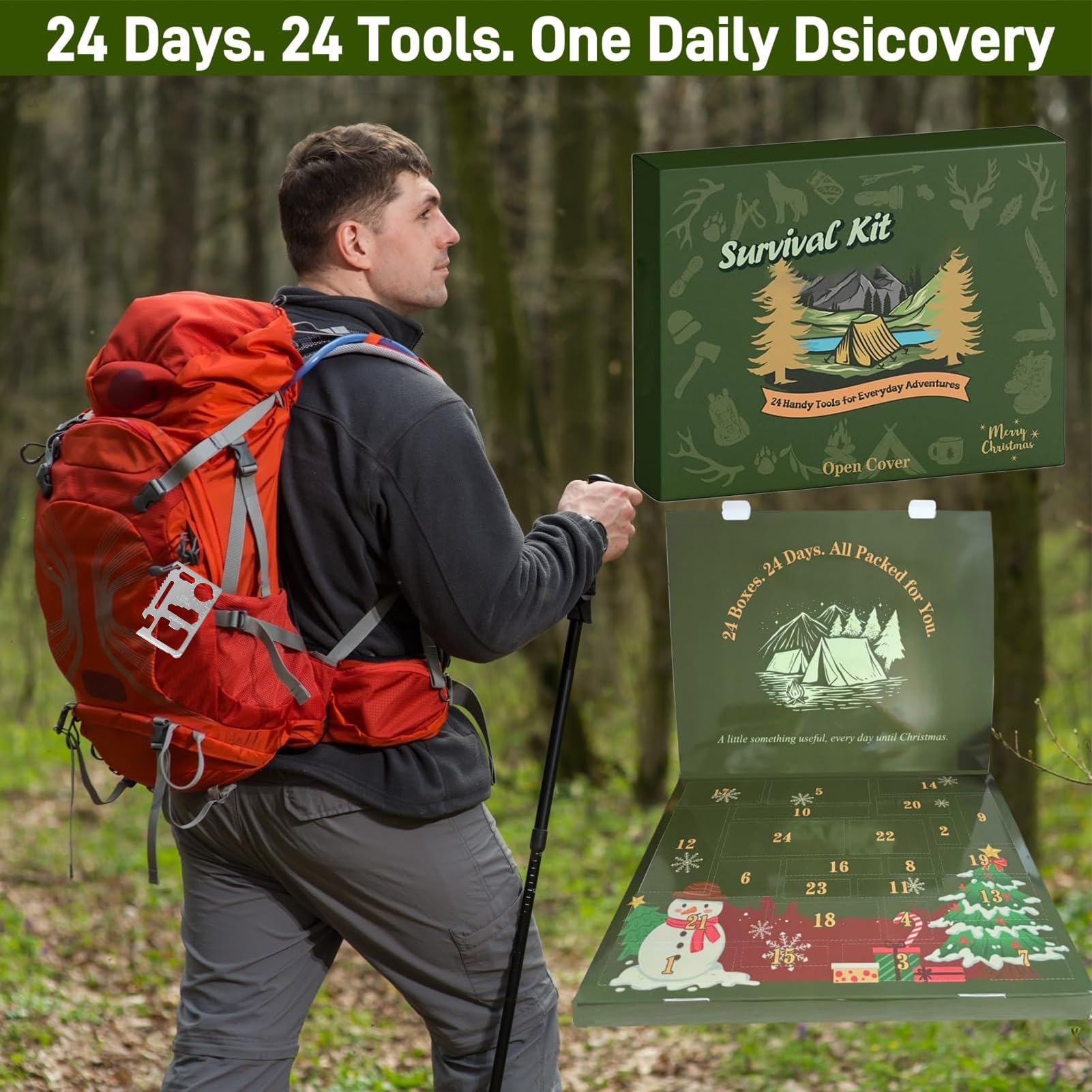 Survival Kit Advent | Adventskalender 24 Tage für Weihnachten | Überlebens-Gadgets für Wandern Camping Angeln Jagd | Männer Papa Outdoor Abenteuer