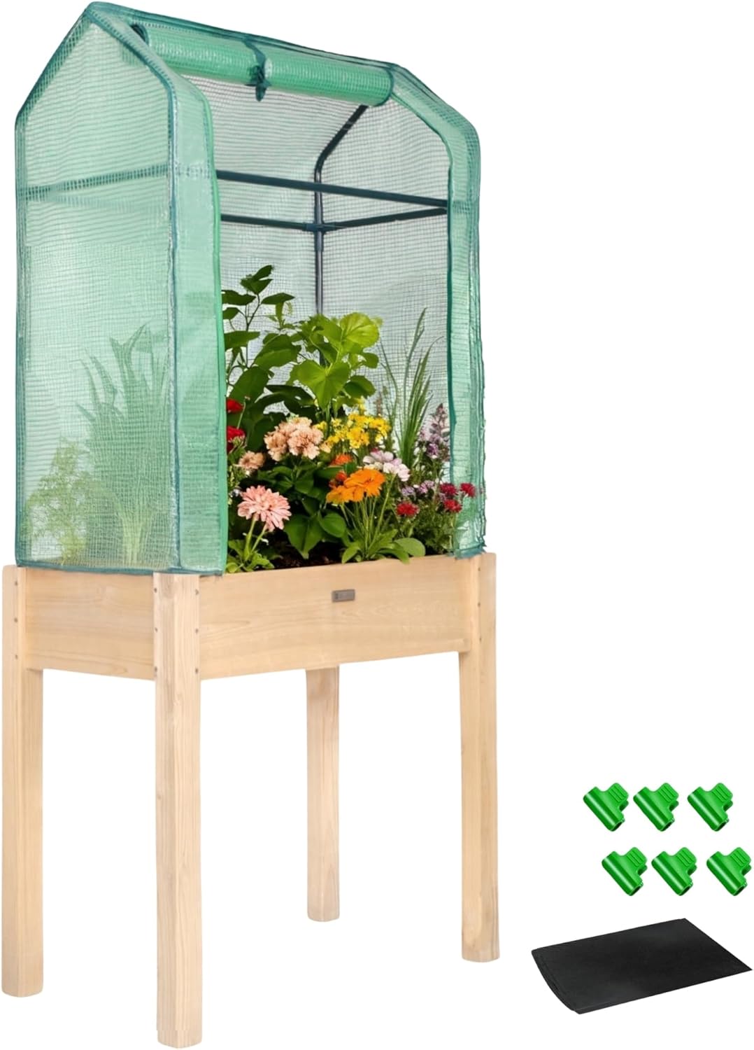 Raised Garden Bed with Greenhouse Cover,Elevated Wood Planter Box with Legs & Non-Woven Liner,34" L x18 W x 66" H Indoor Outdoor Gardening Bed for Vegetables, Herbs, Flowers