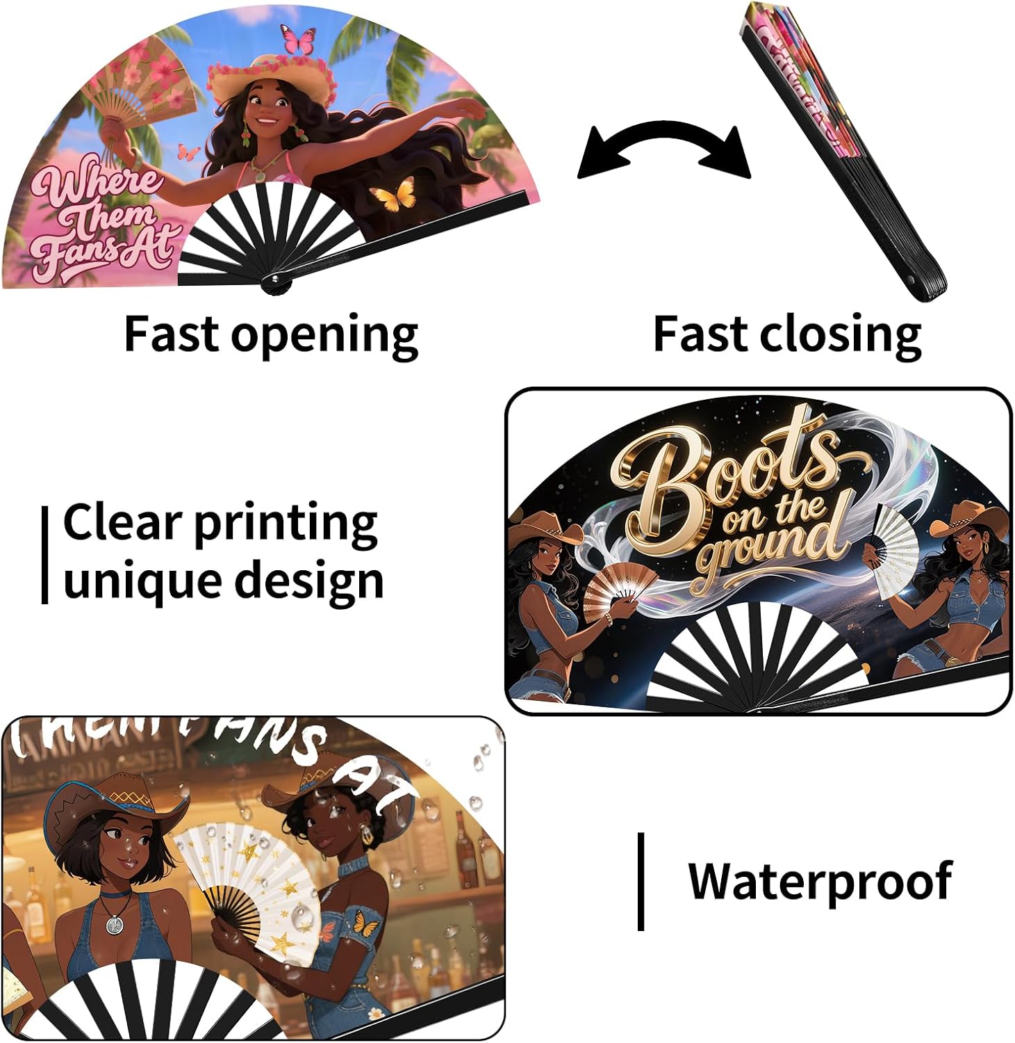 13" Line Dance Popping Fan for Dance, Where Them Fans at Clack, Folding,Boots On The Ground Hand Large Festival Folding Fan for Women, Party, Decoration (A)