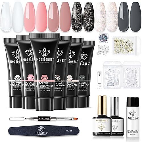 Modelones Poly Nail Gel Kit Enhancement Builder Nail Gel Nude Gray Pink Glitter Nail Extension Gel Kit with Slip Solution Trial Professional