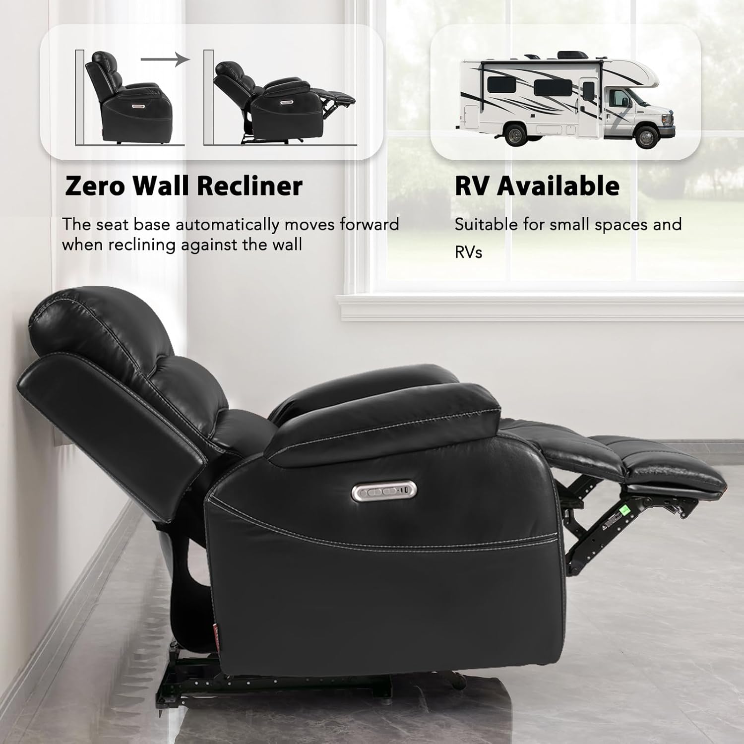 EONIX Real Zero Wall Hugger Recliners, Dual Motor Zero Clearance Power Recliners for Small Spaces, RV Recliner Chair for Living Room with Heat and Massage, SXXY003992, Black