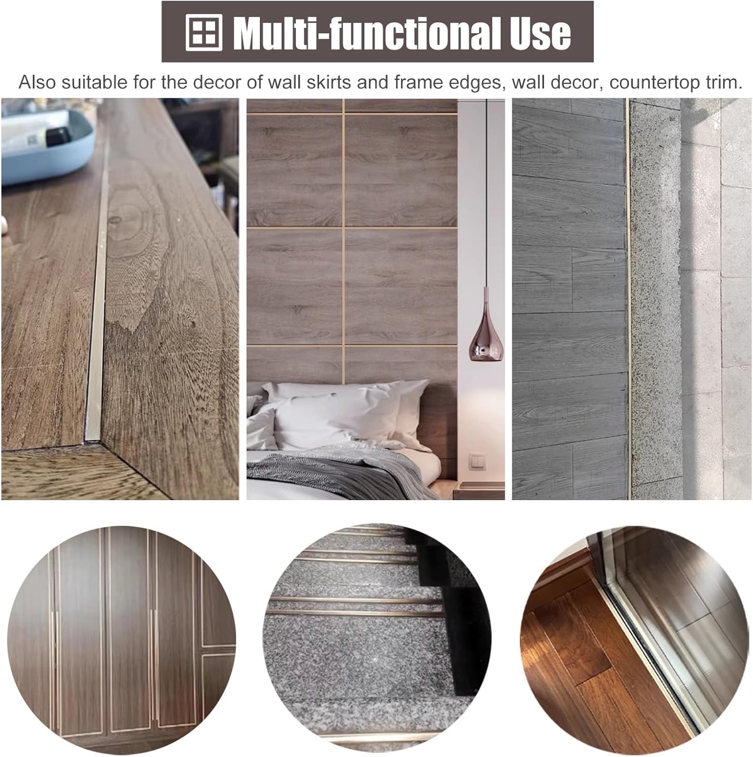 Brushed Brass Floor Transition Strip, Square/Rectangular Threshold Bar for Tile to Wood Floor Seam Cover, Durable Doorway Edge Trim