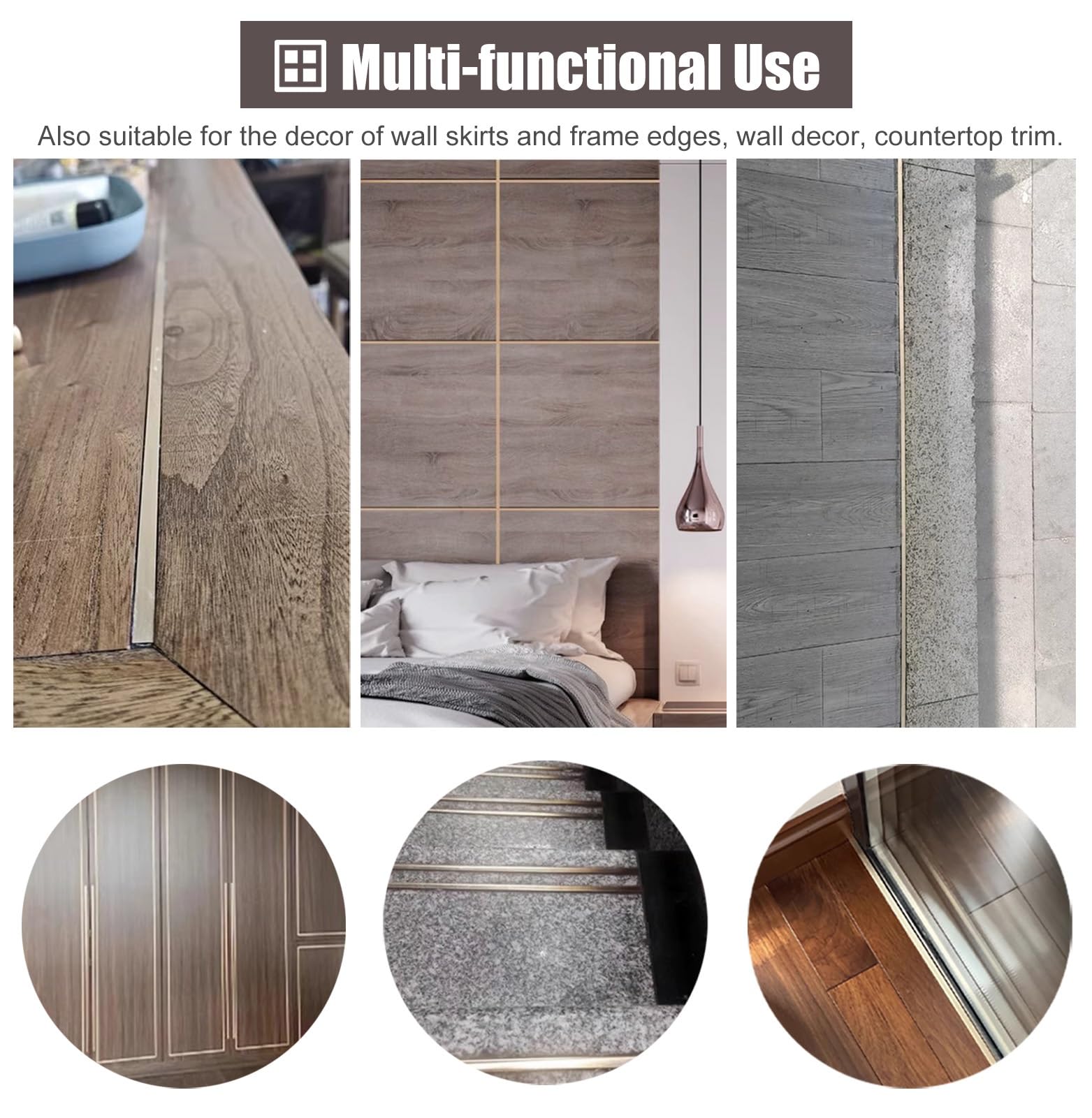Perfil de transición para una conexión Suelos, Cubre Huecos Entre Azulejos y Madera, y Sirve como remate para Puertas y Habitaciones.