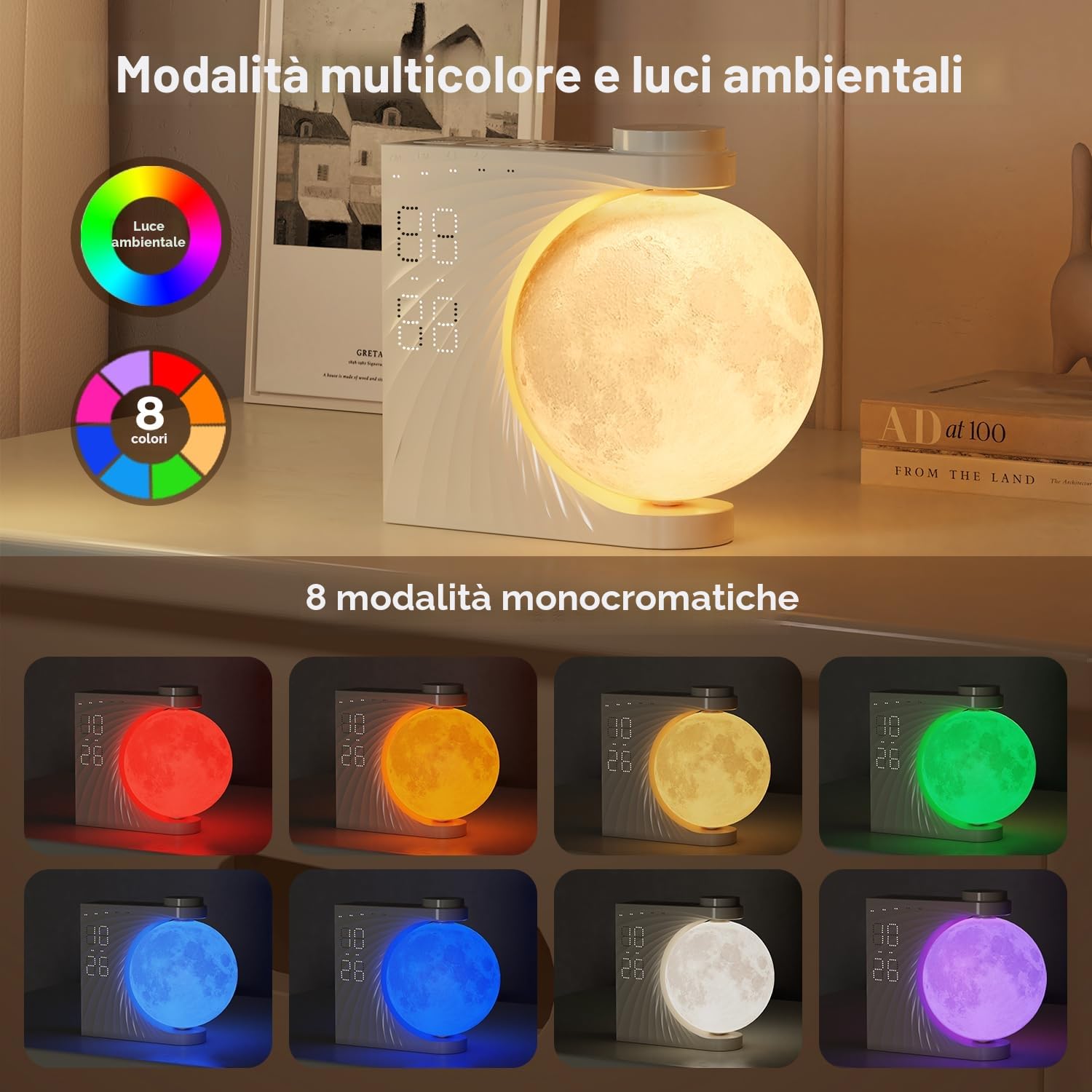 Lampada da Luna con Sveglia Luminosa, LED a 8 Colori, Macchina Sonora con Luce Notturna, Doppio Allarme, Funzione Snooze, 10 Suoni della Natura