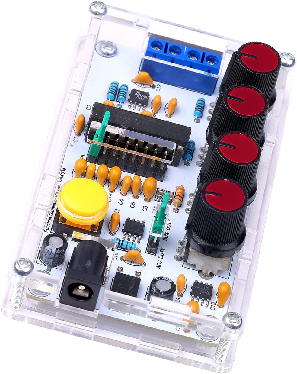 Assembled Weytoll Signal Generator Kit with clear acrylic casing, showing the PCB, potentiometers, and connectors.